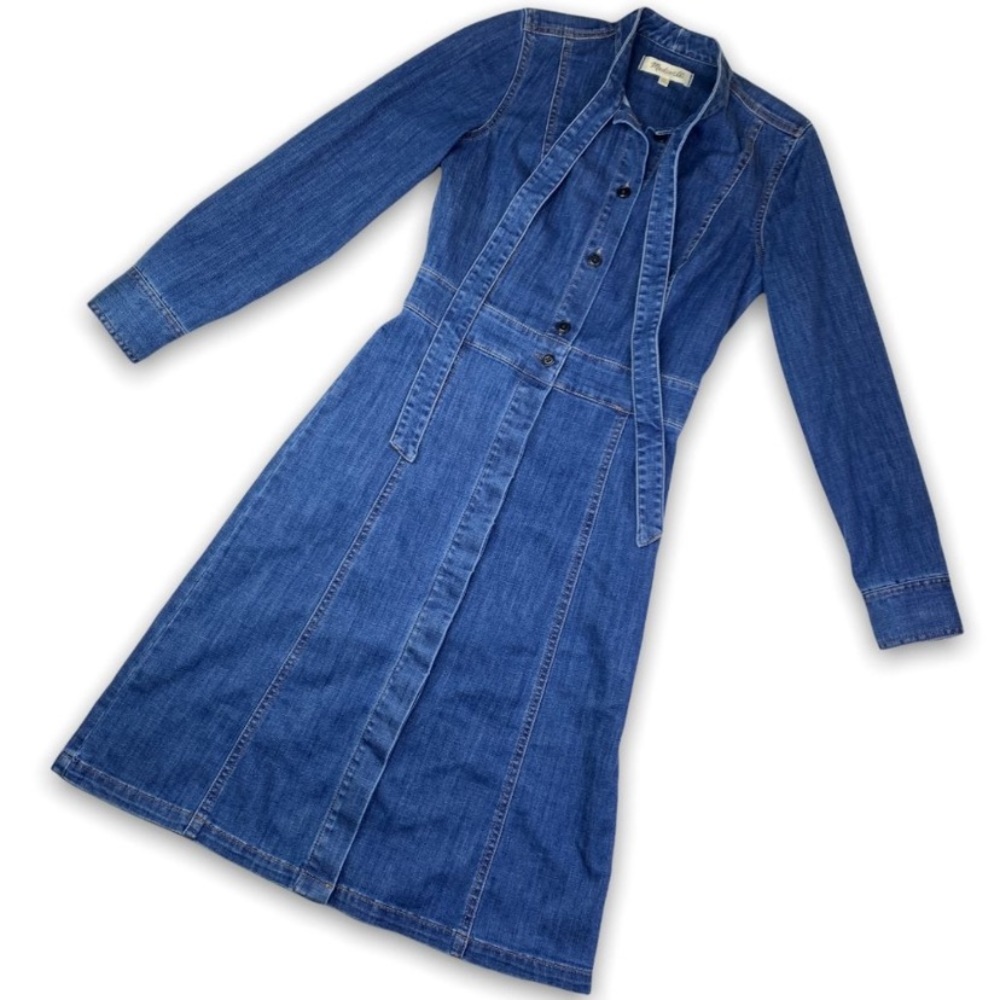 Madewell Women's Shirt Dress Blue Denim Bow Tie Neck Stretch Button Down